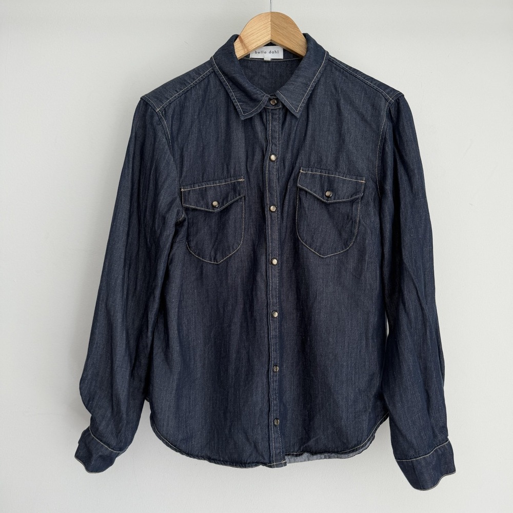 Bella Dahl Shirt Womens Large Denim Western Snap Button Dark Indigo Long Sleeve